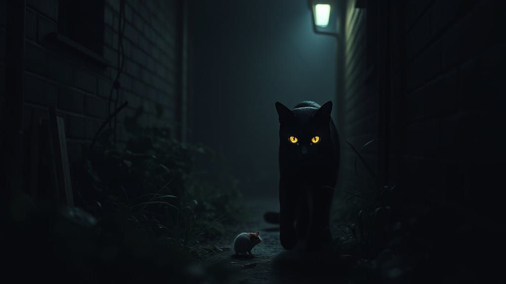 Dark Alley Demon Cat Emerges from Shadows in Yellow Eyes