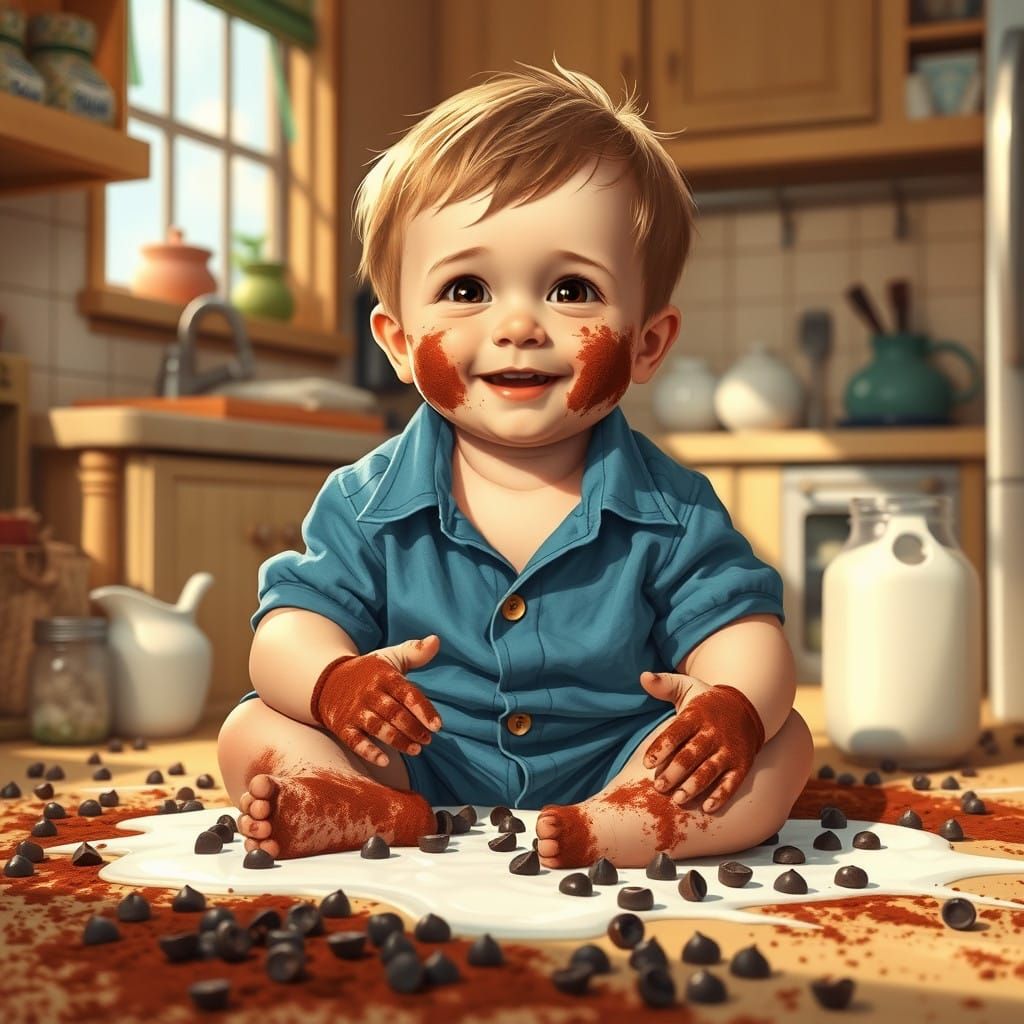Whimsical Boy in a Cocoa-Filled Kitchen Scene