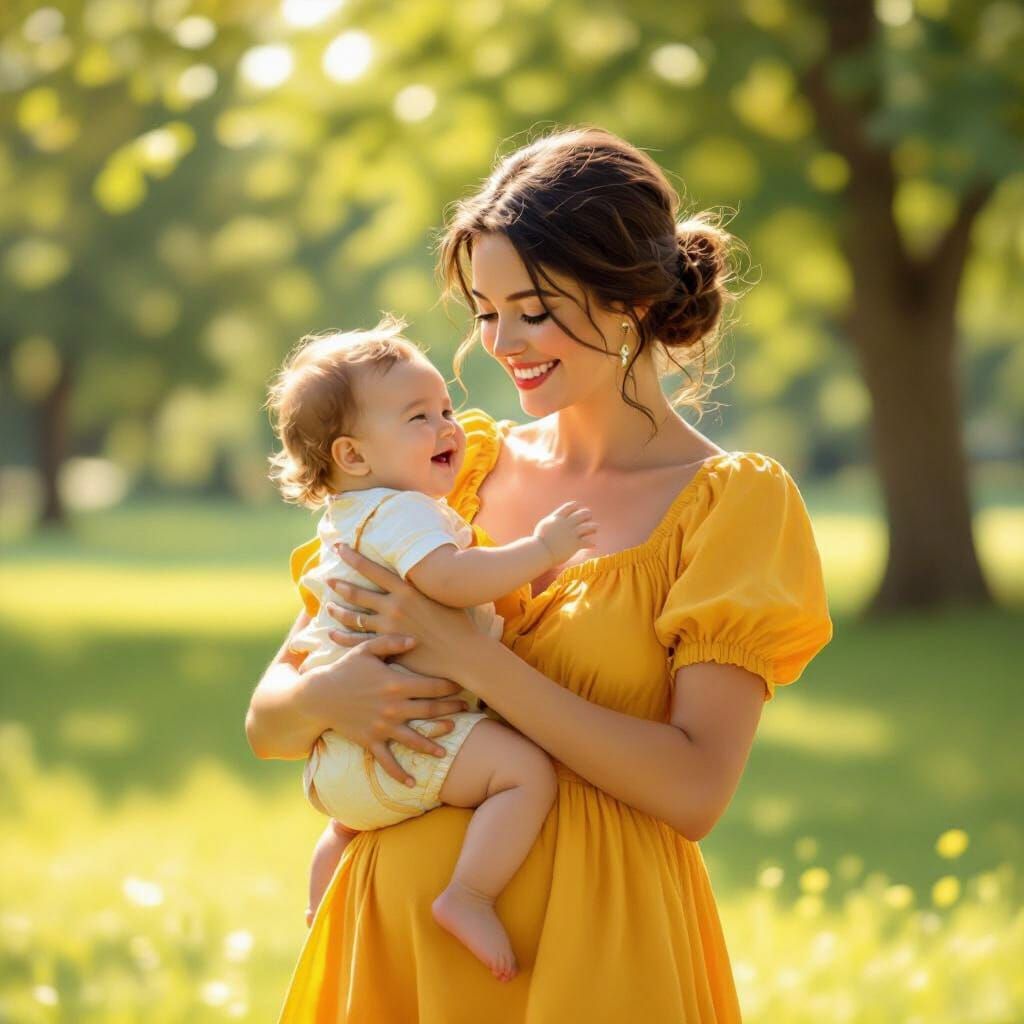 Babysitter and Baby in Sun-Drenched Park, Whimsical Style