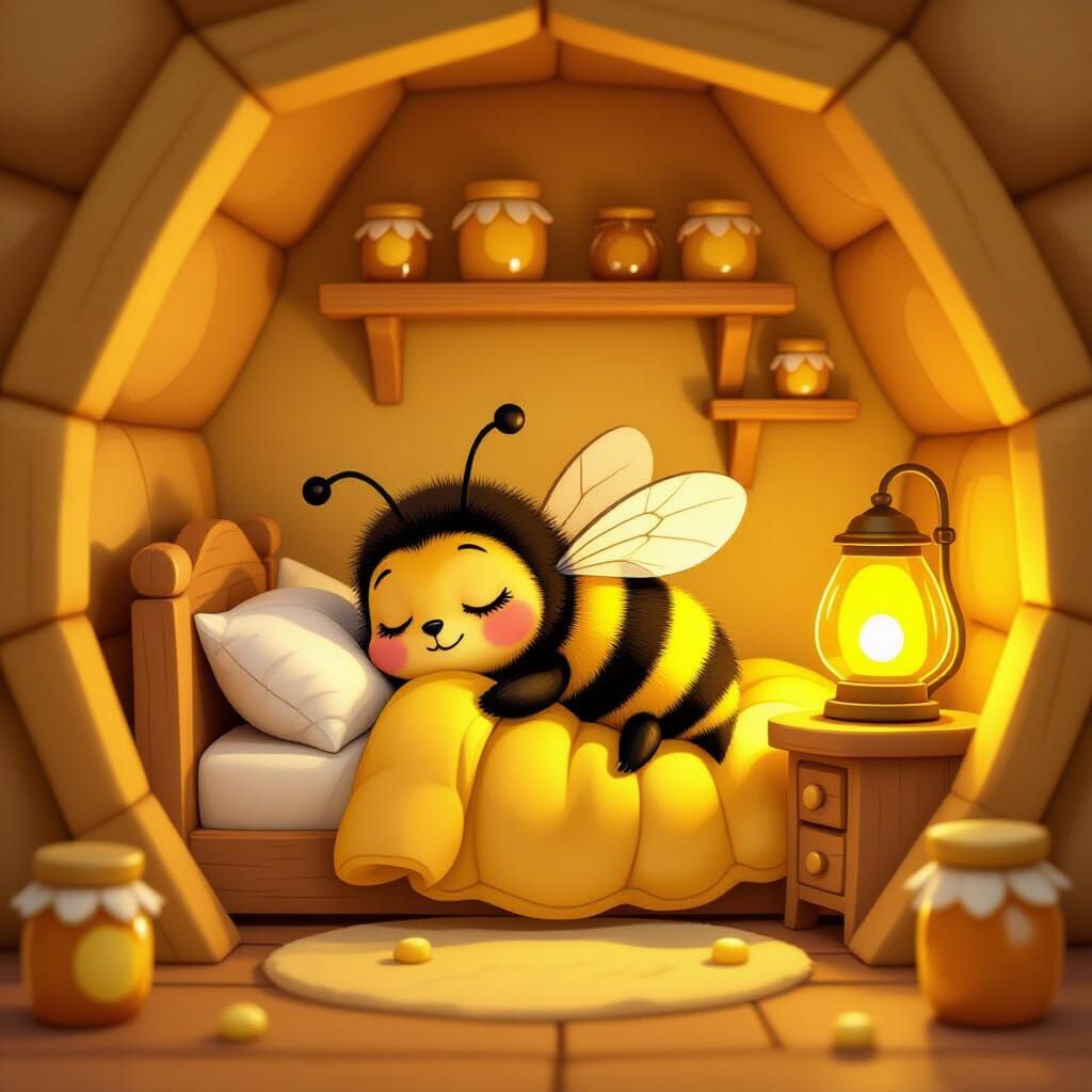 Cartoon Bumblebee Sleeping in Honeycomb Bedroom