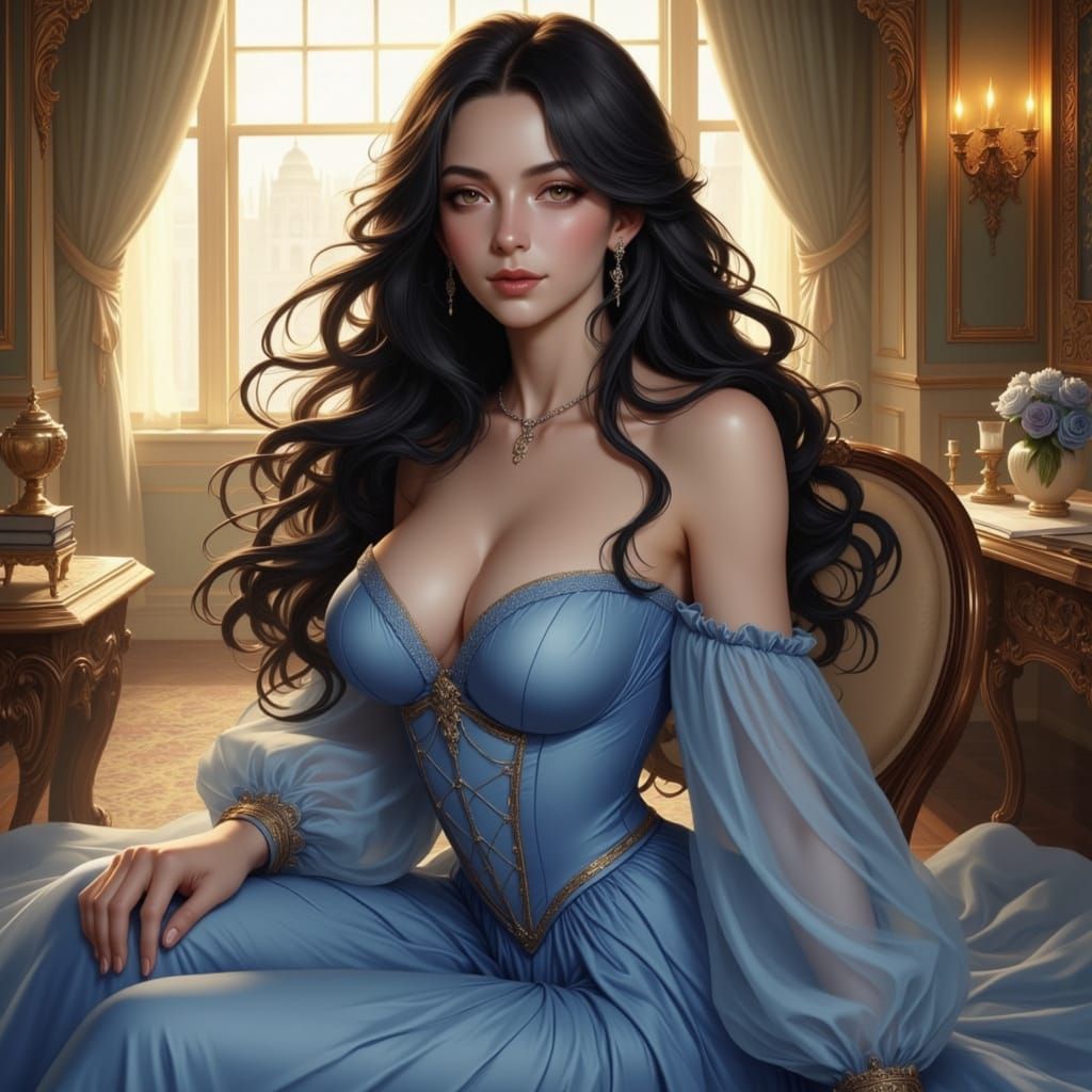 Elegant Woman in Flowing Dress, Semirealistic Digital Art