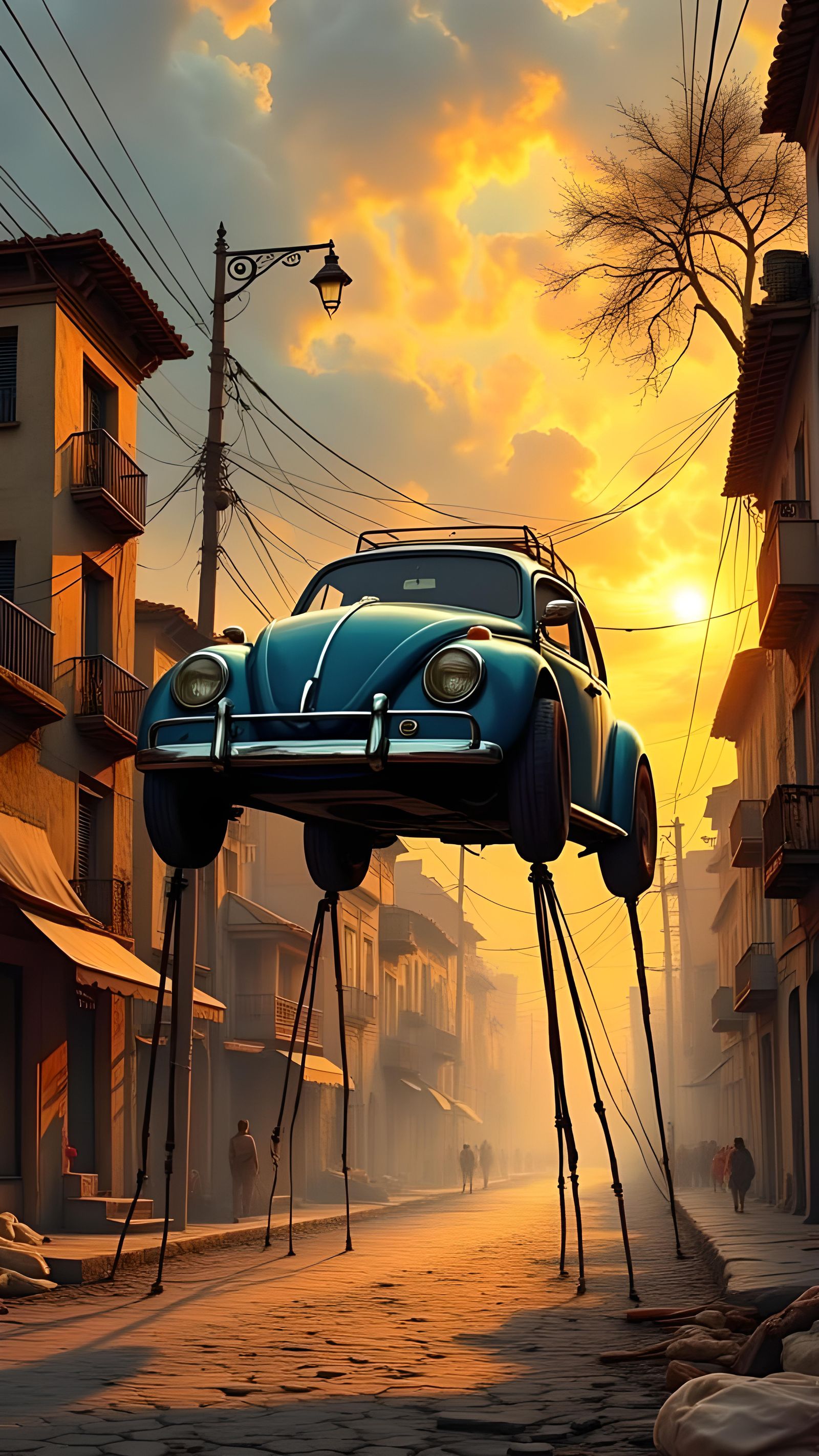 <lora:Chiaroscuro:1.0> Greg Rutkowski Style, VW Beetle on Stilts in Bogota City at sunset, watercolor, cartoon, ink illu...