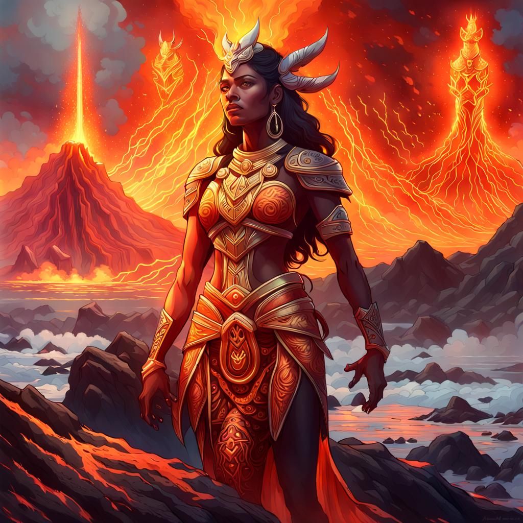 Volcanic Goddess with Feline Companion, Art Nouveau Portrait