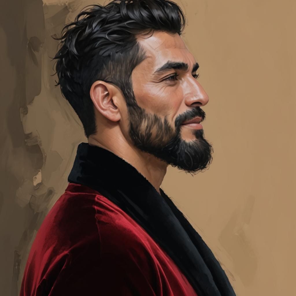 Attractive Man in Red Velvet Bathrobe, Alcohol Ink Style