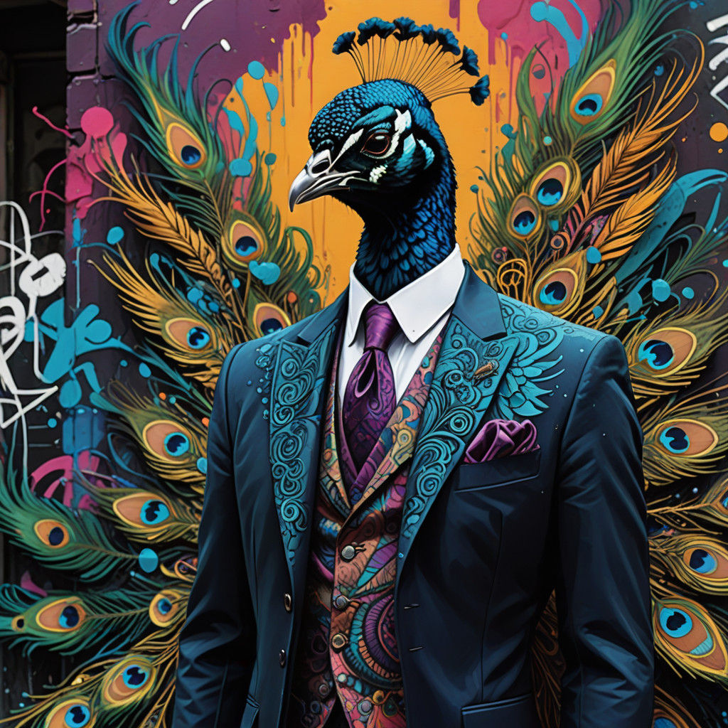 Hyperrealistic Peacock in Vibrant Victorian Formal Wear