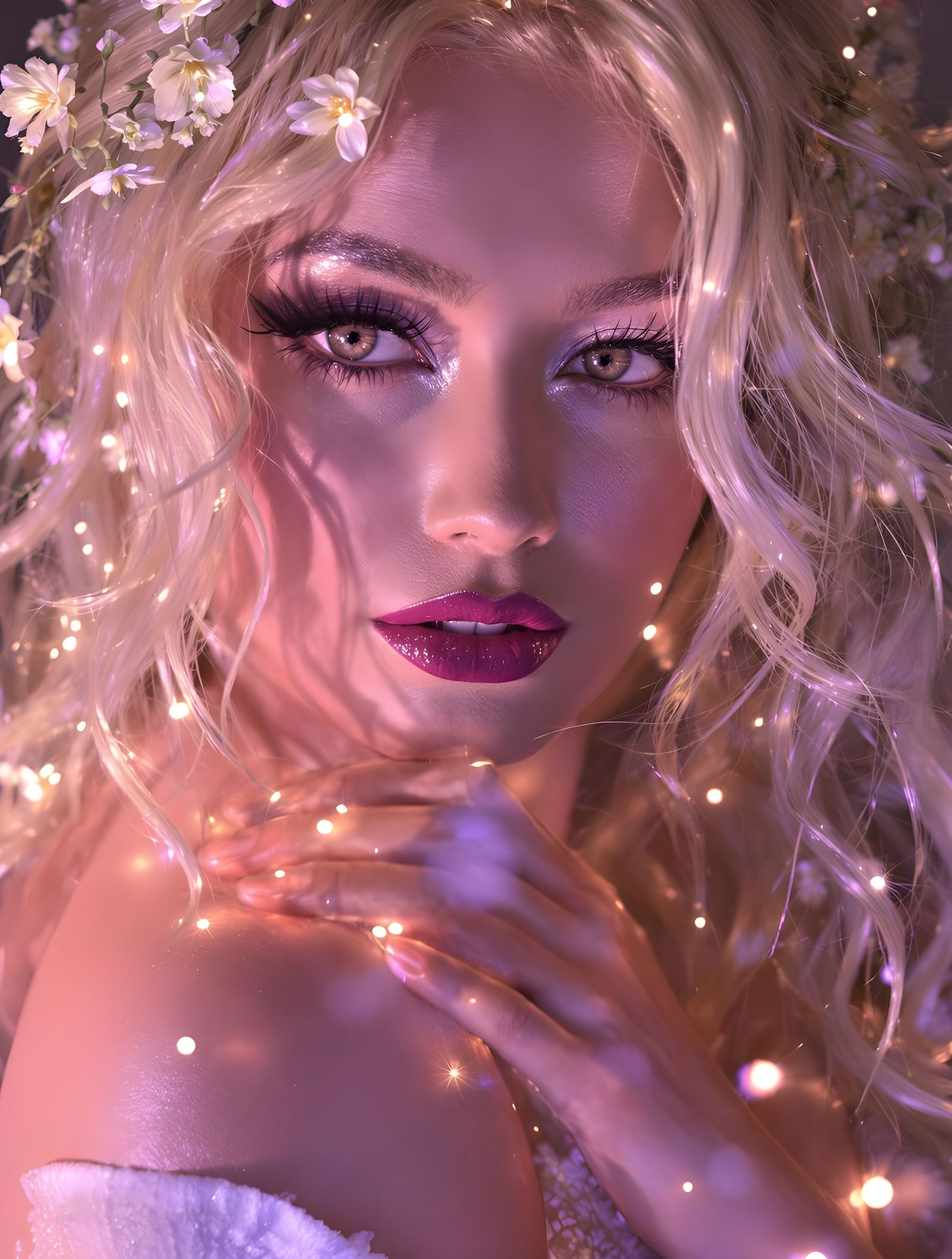 Bathed in soft, liquid moonlight, the portrait reveals a woman of breathtaking beauty. Her skin glows with a pearlescent...