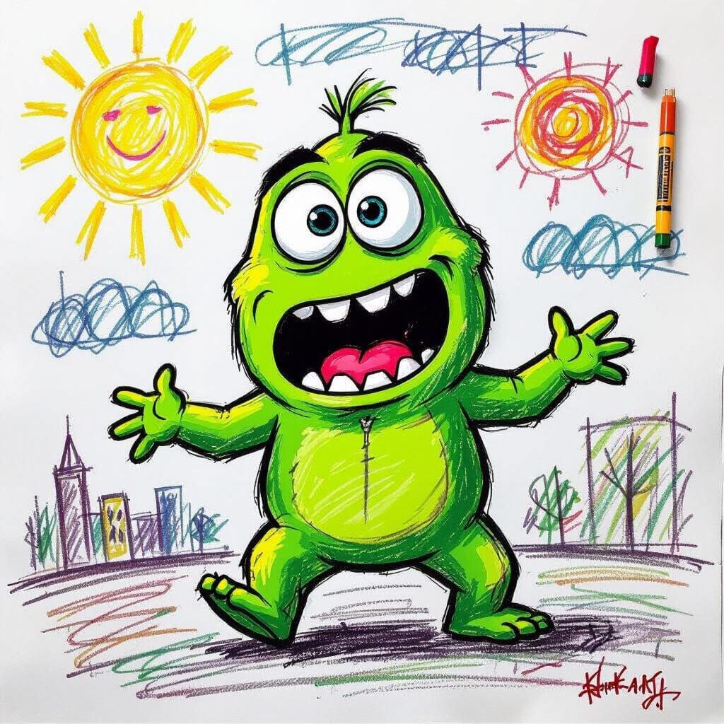 Frantic Mike Wazowski in Expressive Crayon Drawing