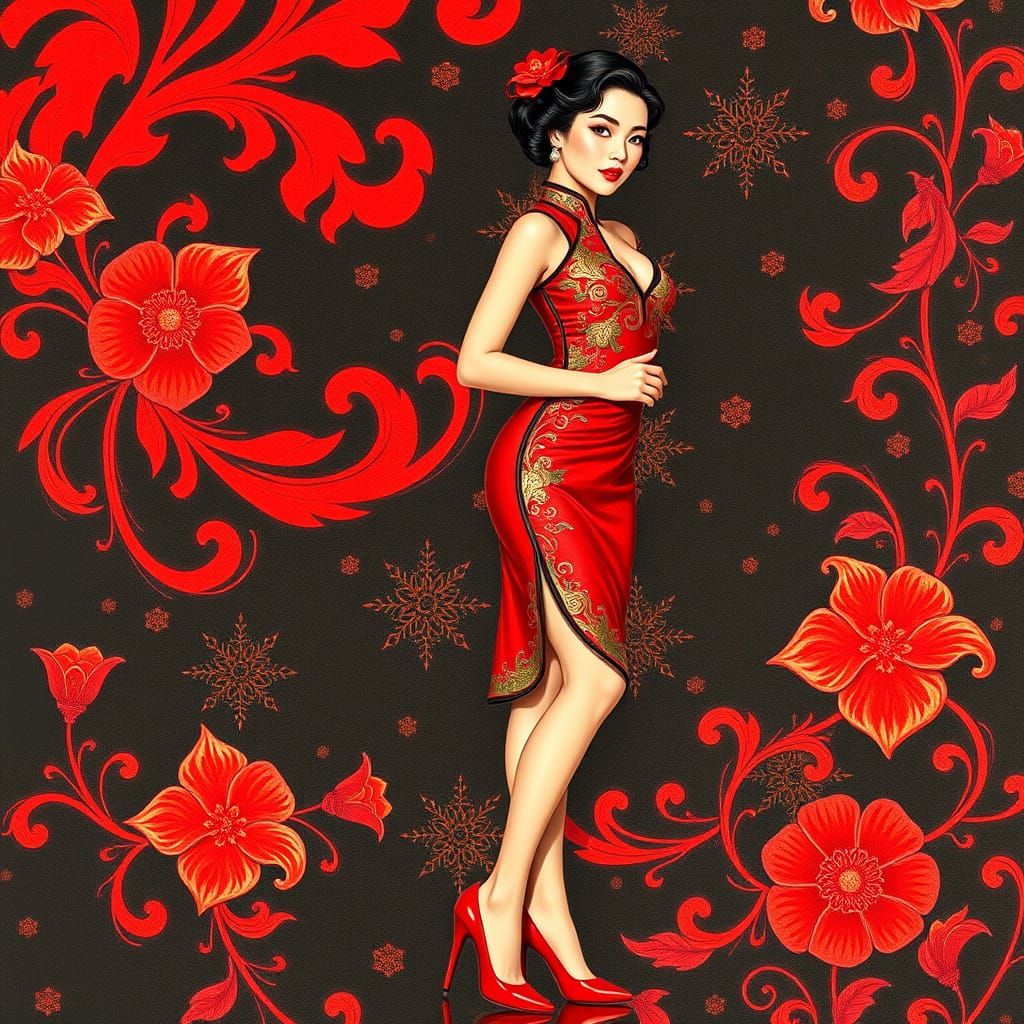 Sultry Chinese Pin-Up Goddess in Elegant Red Dress