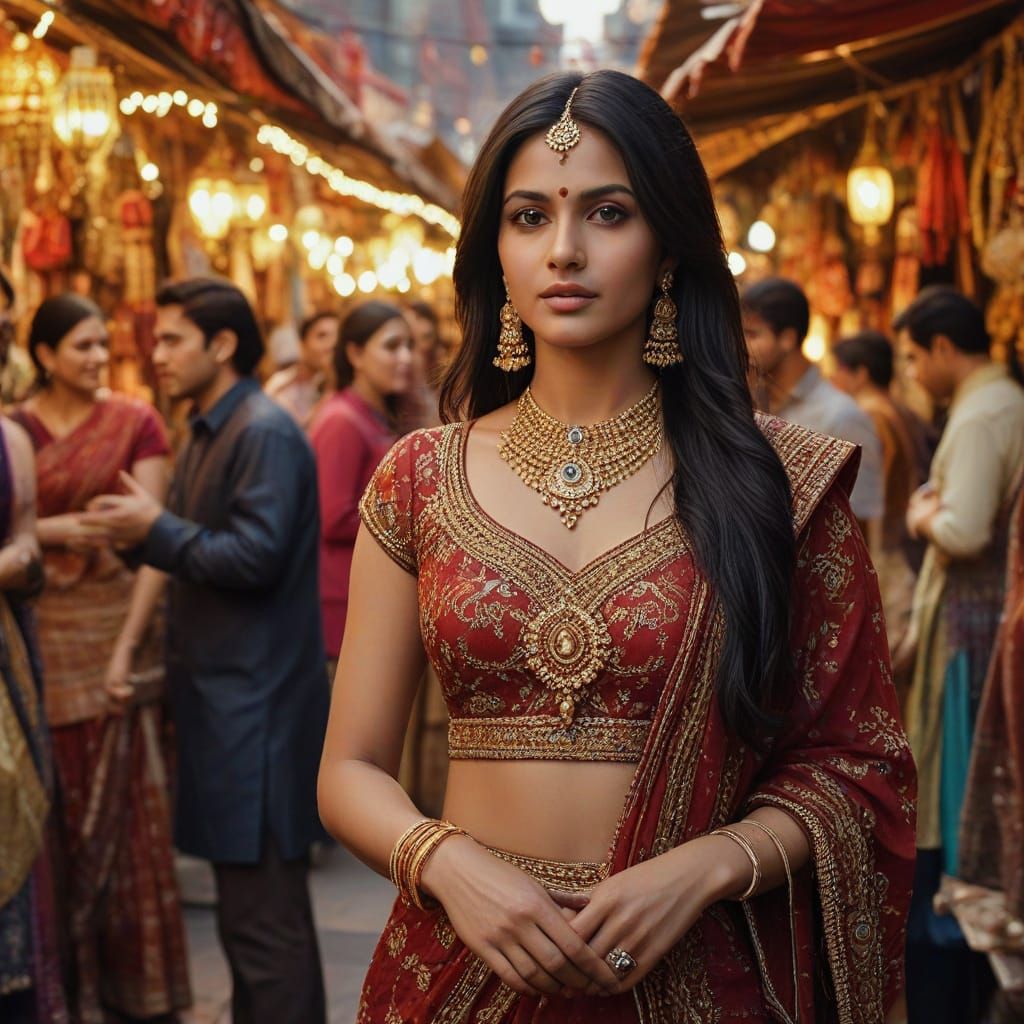 Confident Indian Woman Strides through Bustling Marketplace