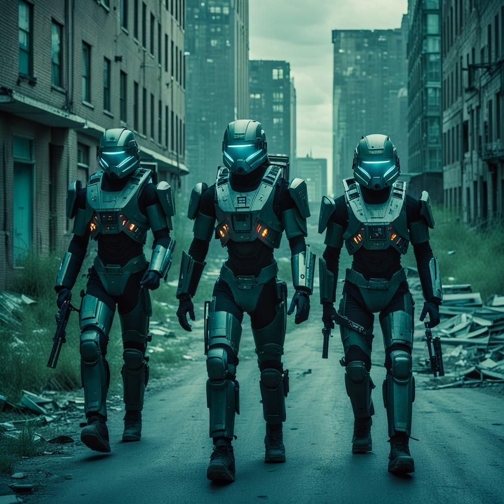 Cyborgs Traverse Dilapidated City Streets in Cinematic Style