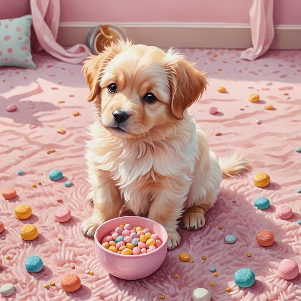 Pink Puffy Puppy's Whimsical Watercolor Treat Time