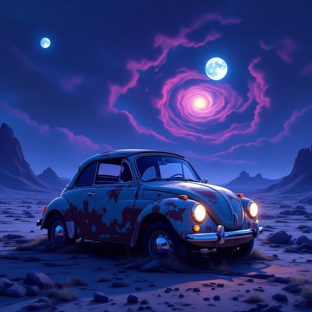 Abandoned Fiat 500 on Alien Planet Nebula Sky