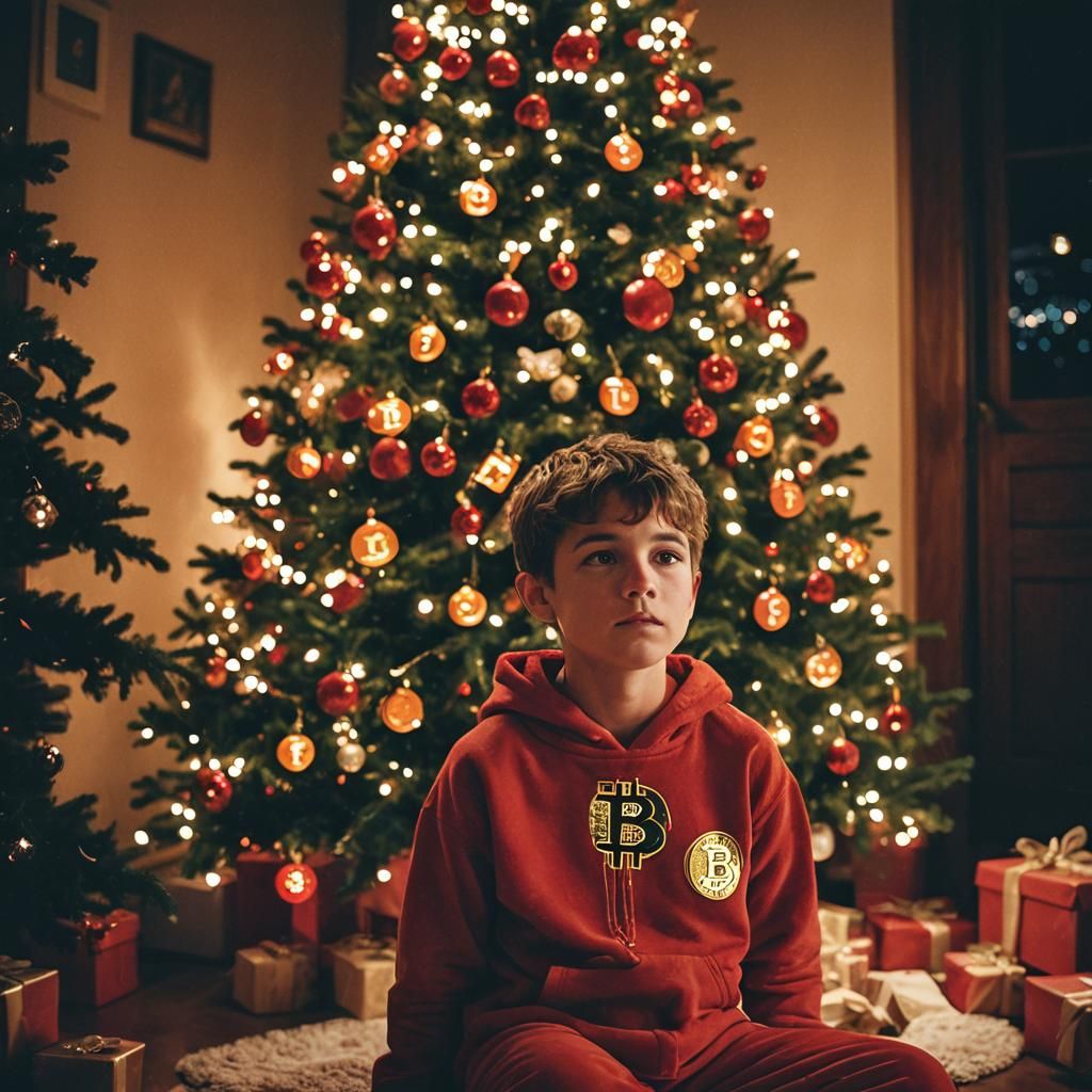 Boy with Bitcoin Logo by Christmas Tree