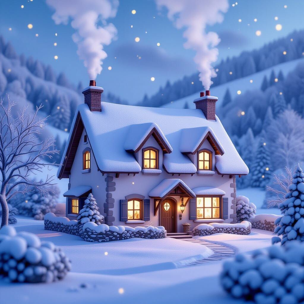 Cozy Snow Cottage in Valley, Storybook Illustration Style