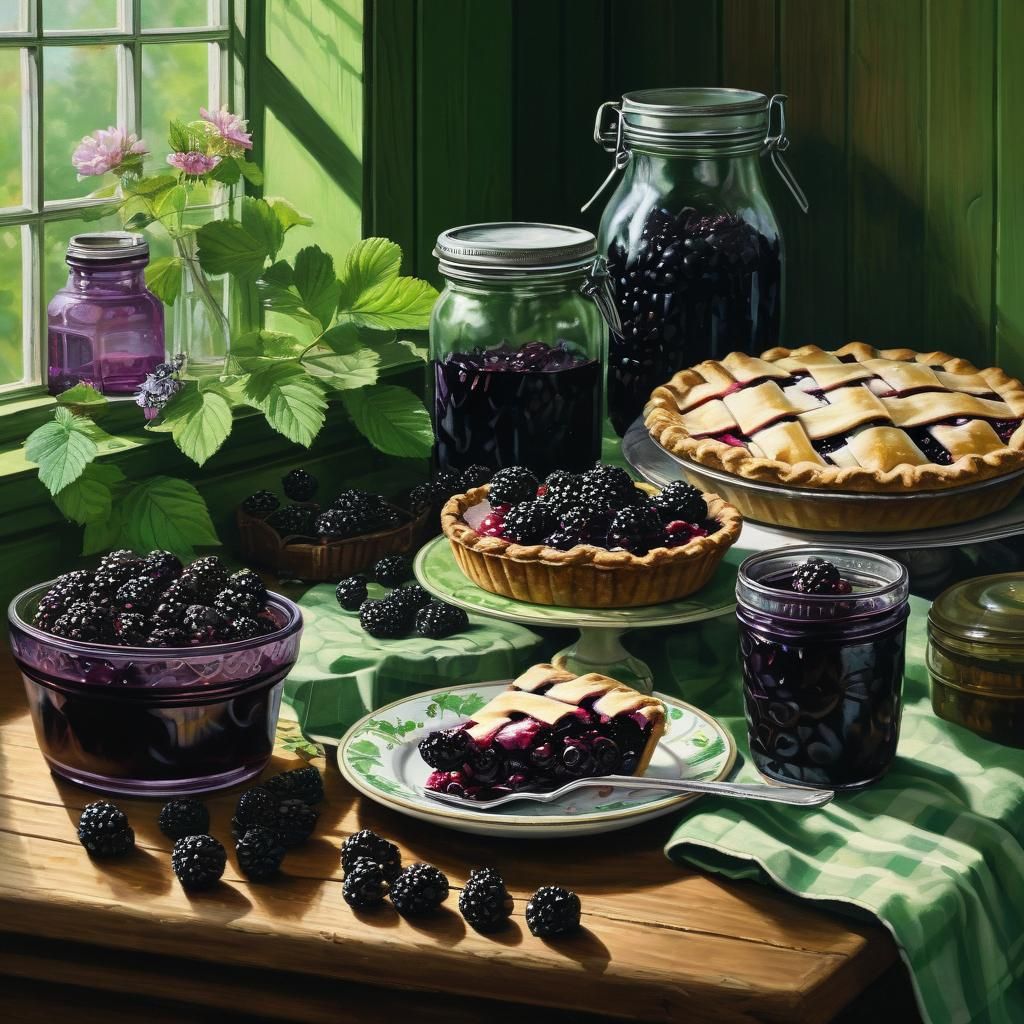 Blackberries Still Life Painting with Pie