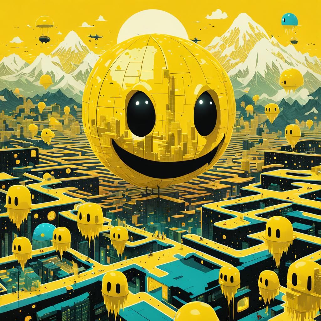 Surreal 3D Pac-Man World in Double Exposure Collage Art