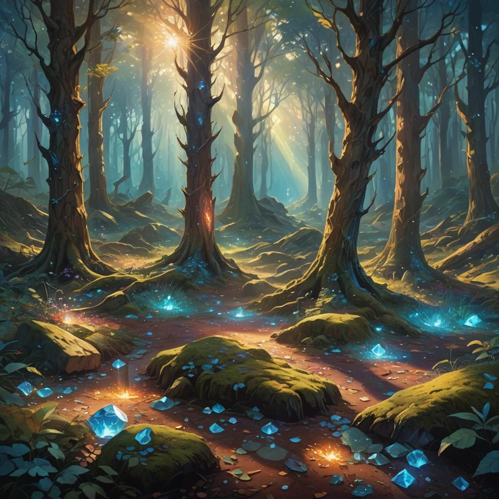 Mystical Forest Floor with Iridescent Crystals: Oil Painting