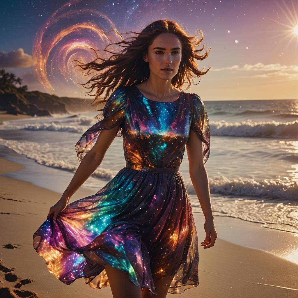 Girl on Beach with Galaxy Dress, Cinematic Film Still