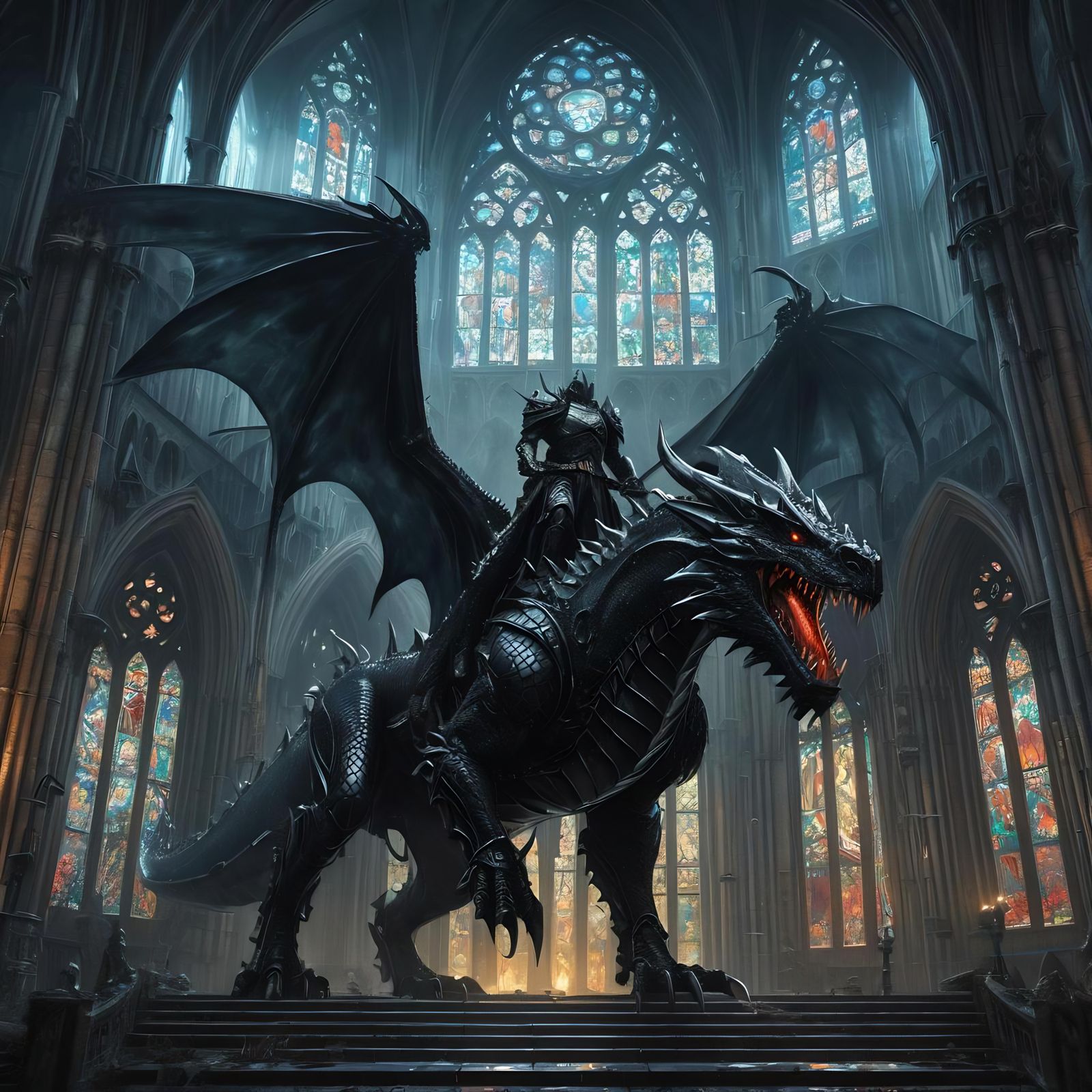 Gothic Dragon Rider Over Cathedral Ruins
