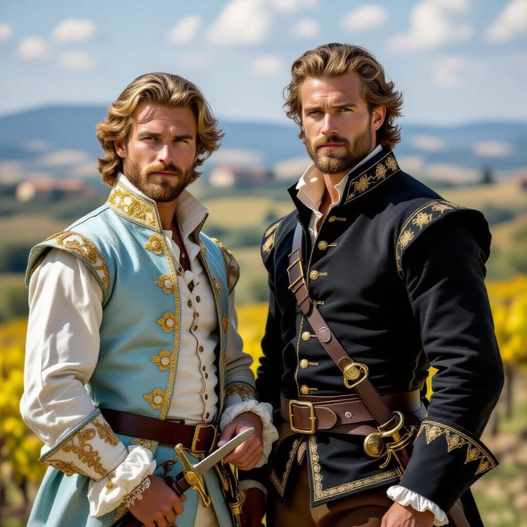 Two Handsome Musketeers in Tuscany Landscape