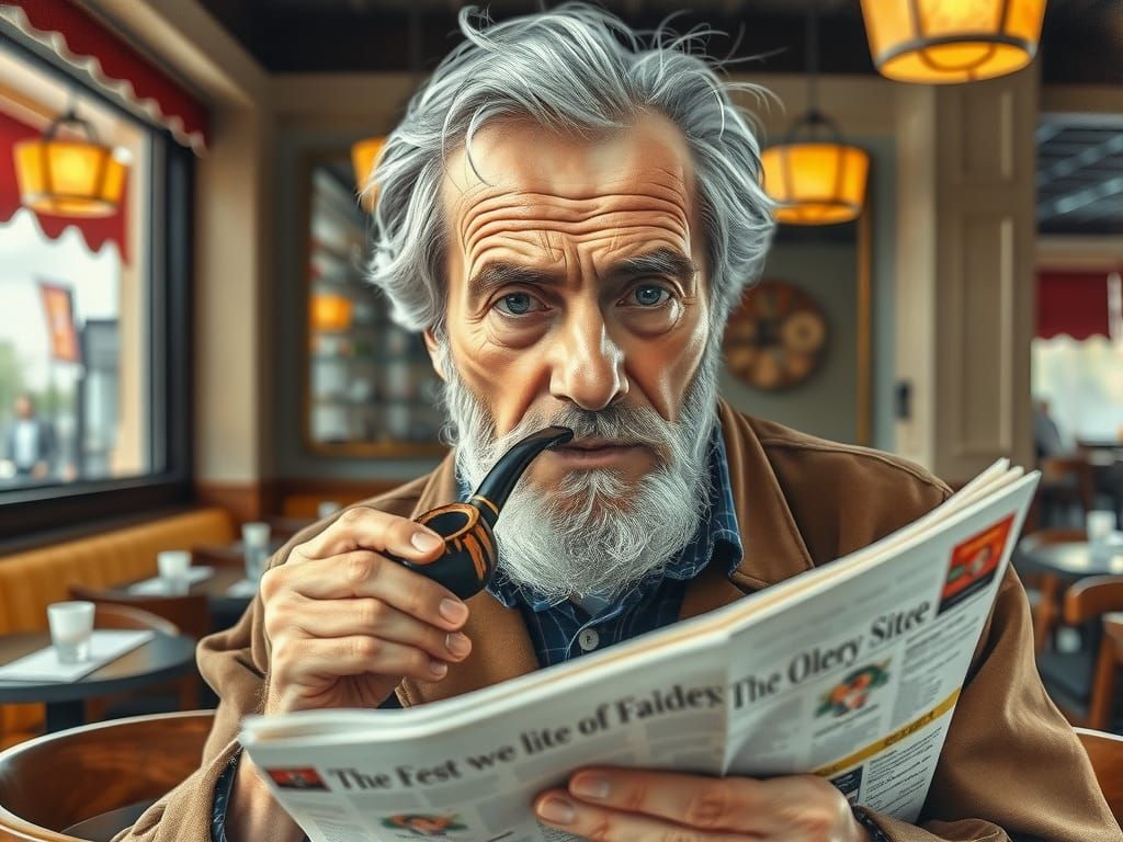 Wise Old Man Reading Newspaper, Watercolor Style
