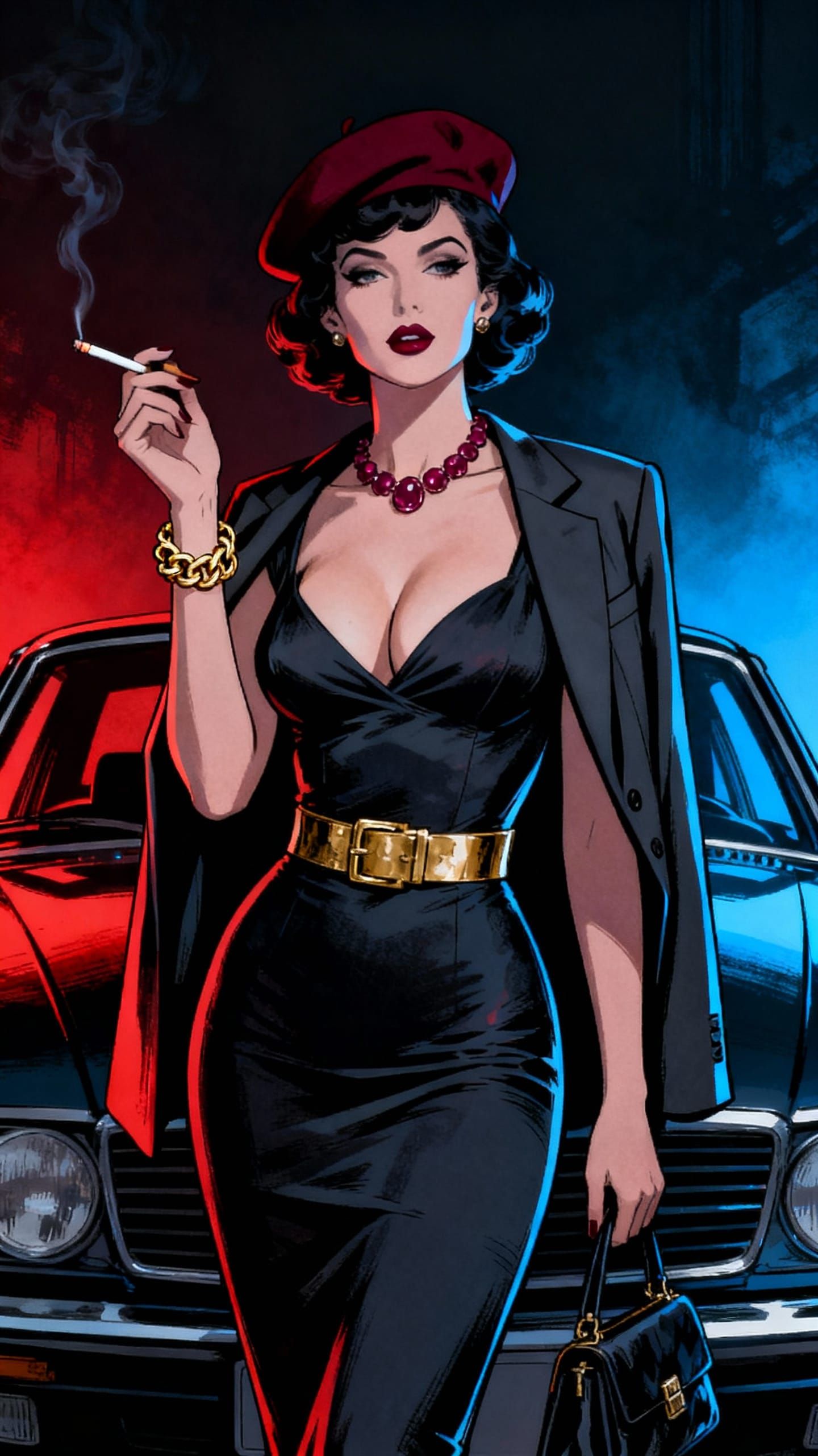 Elegant Woman in Bodycon Dress with Beret