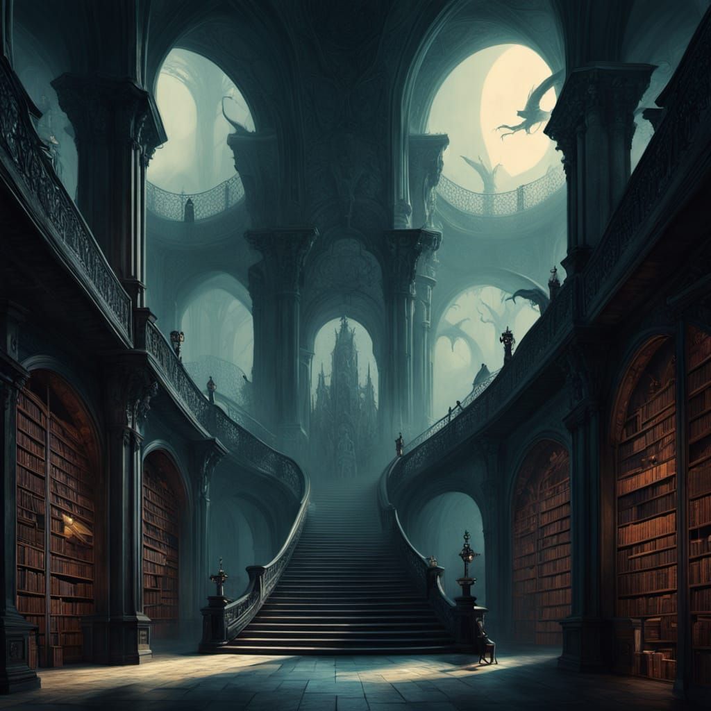 Mystical Library in a Haunting Cyberpunk Aesthetic