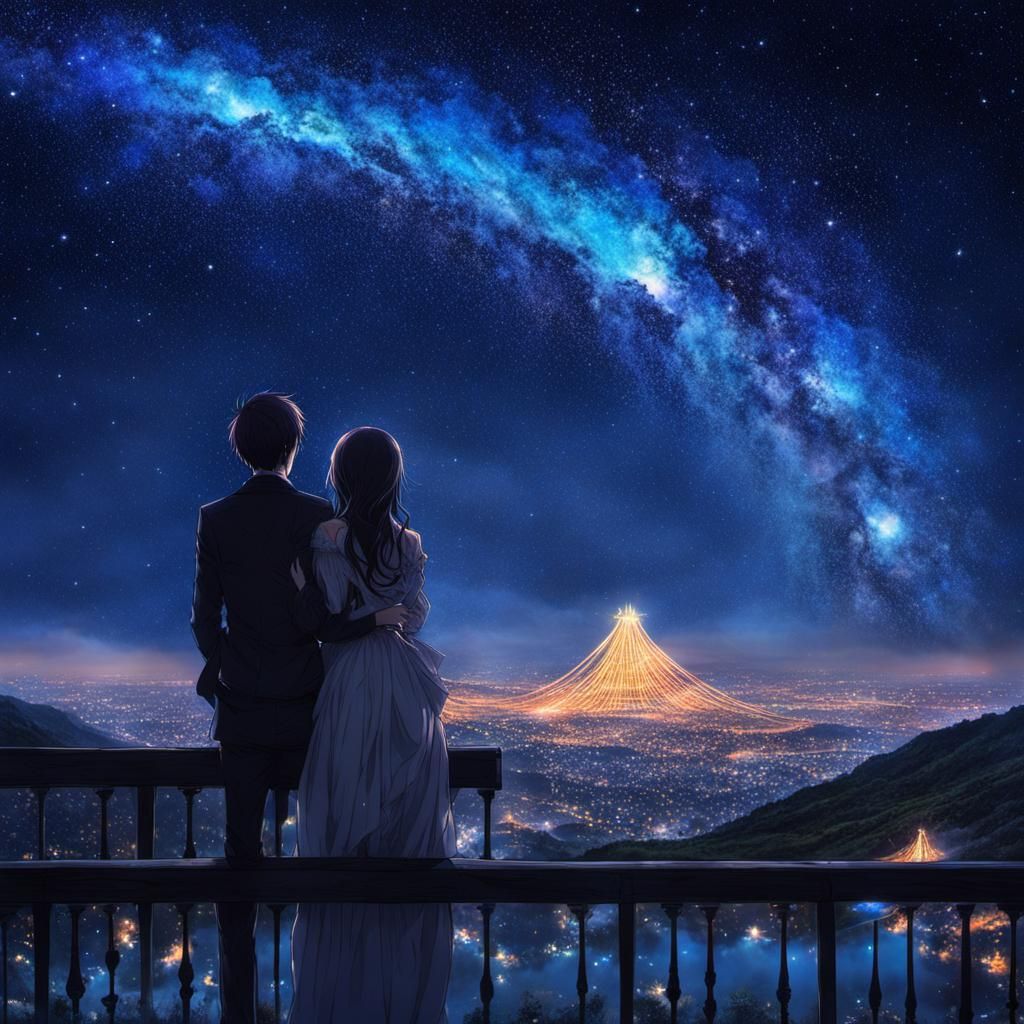 Enchanted Lovers Under Stars: A Surreal Digital Illustration