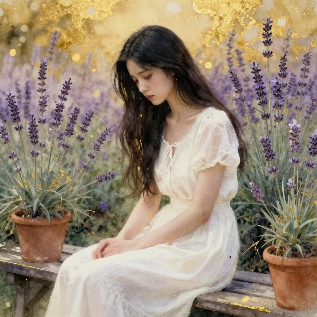 Melancholic Woman in Lavender Field, Ethereal Dreamscape