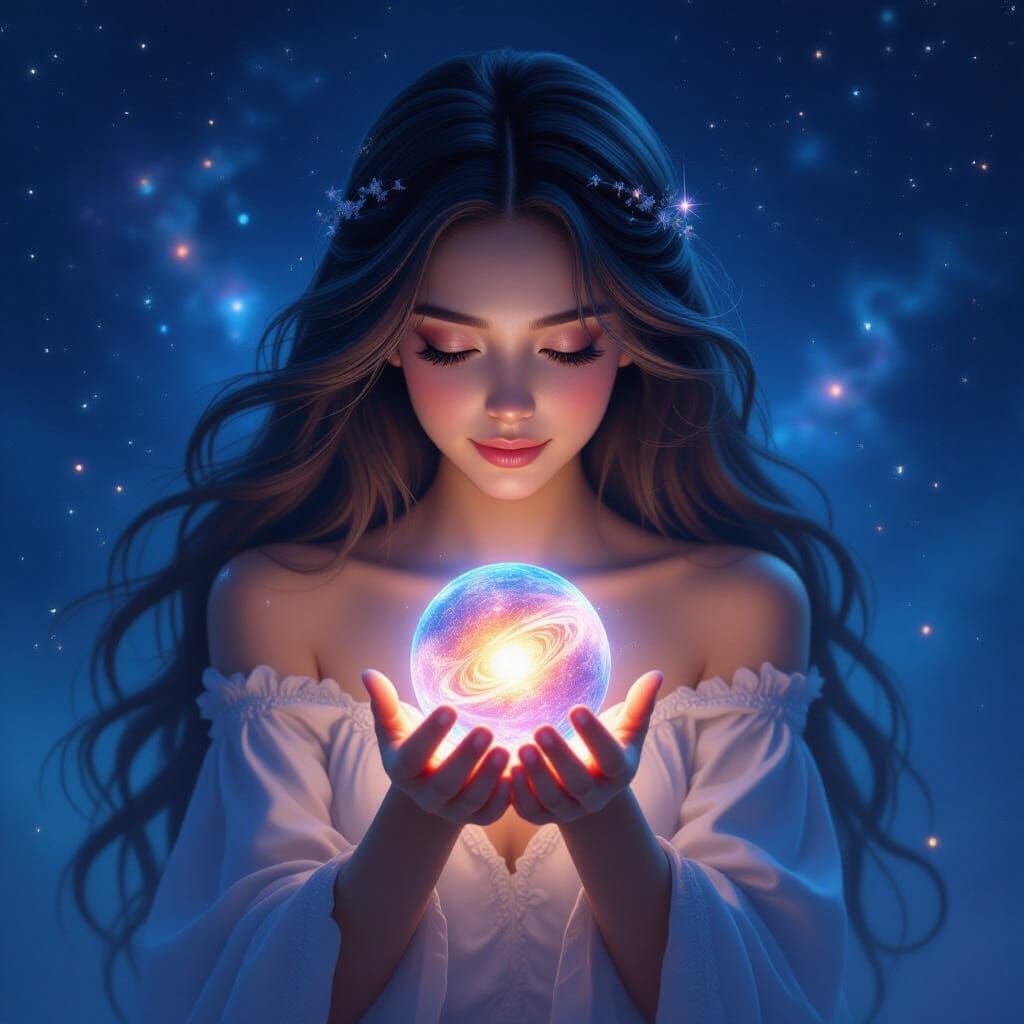 Cosmic Goddess Holds Glowing Planet in Stardust Embrace