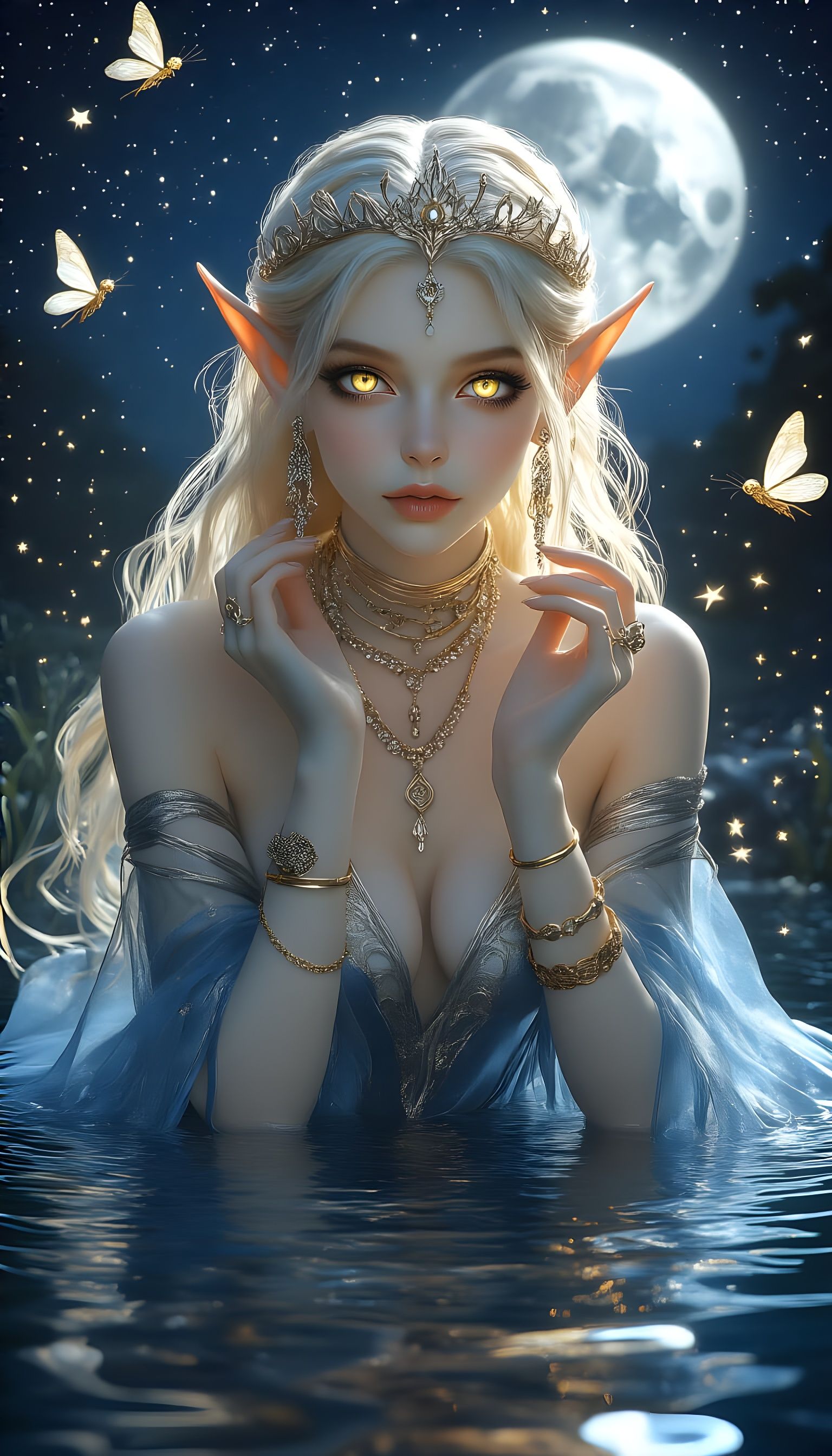 Moonlit Elf in Forest Pond, Hyperrealistic Style
