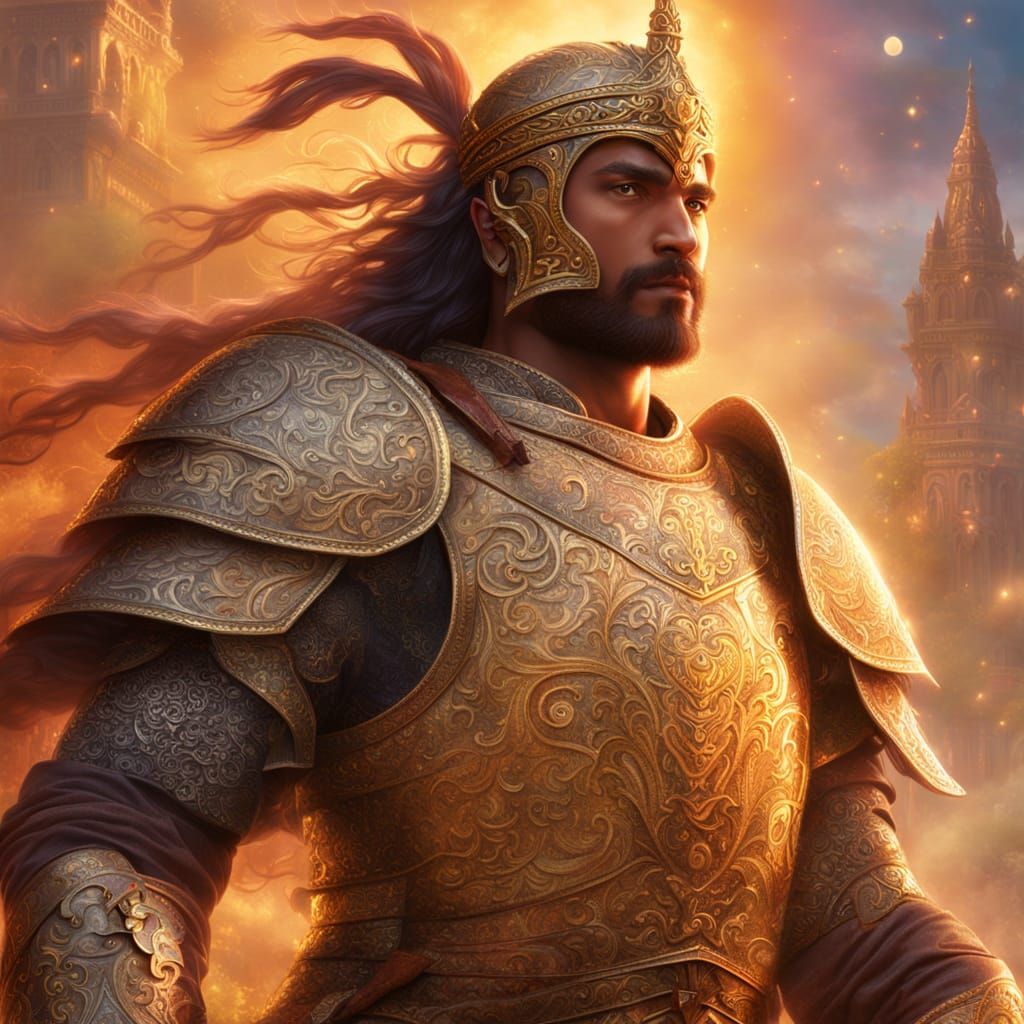 Hindu Warrior in Golden Light, Fantasy Illustration