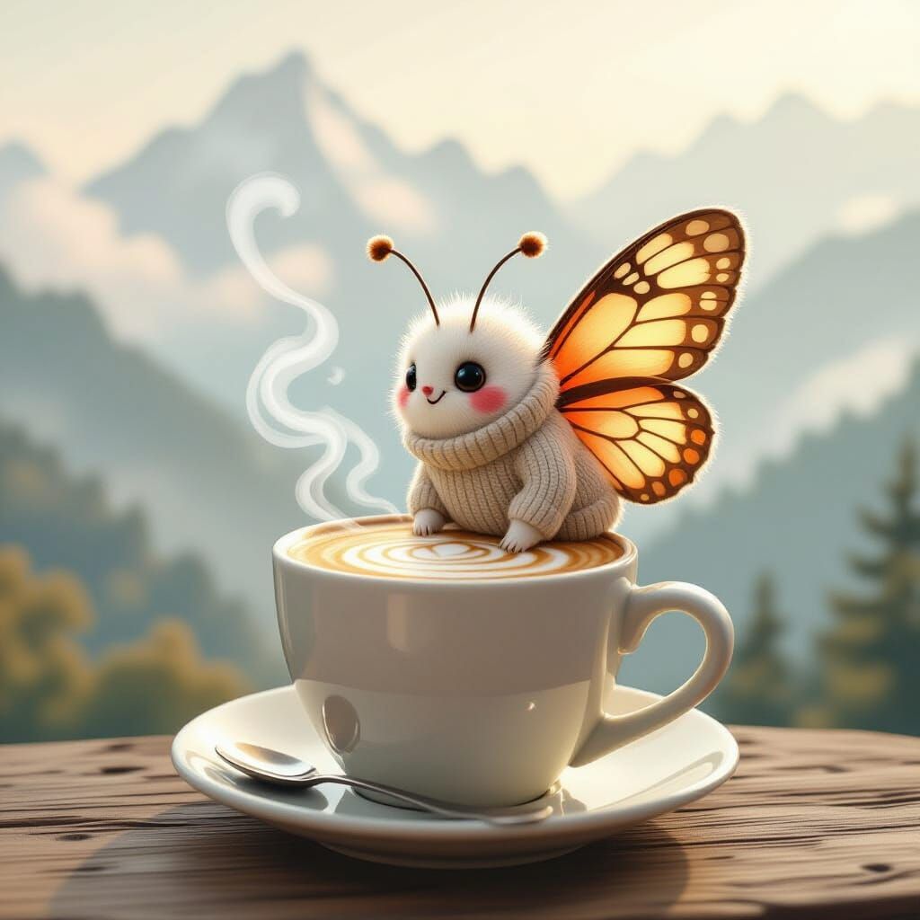 Cartoon Moth on Latte in Foggy Cafe