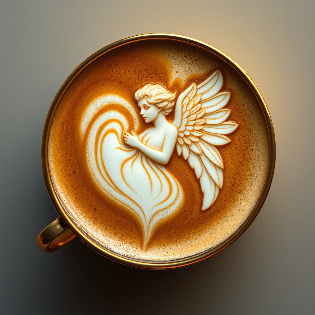 Latte Art Angel in Antique Cup, Dutch Master Style
