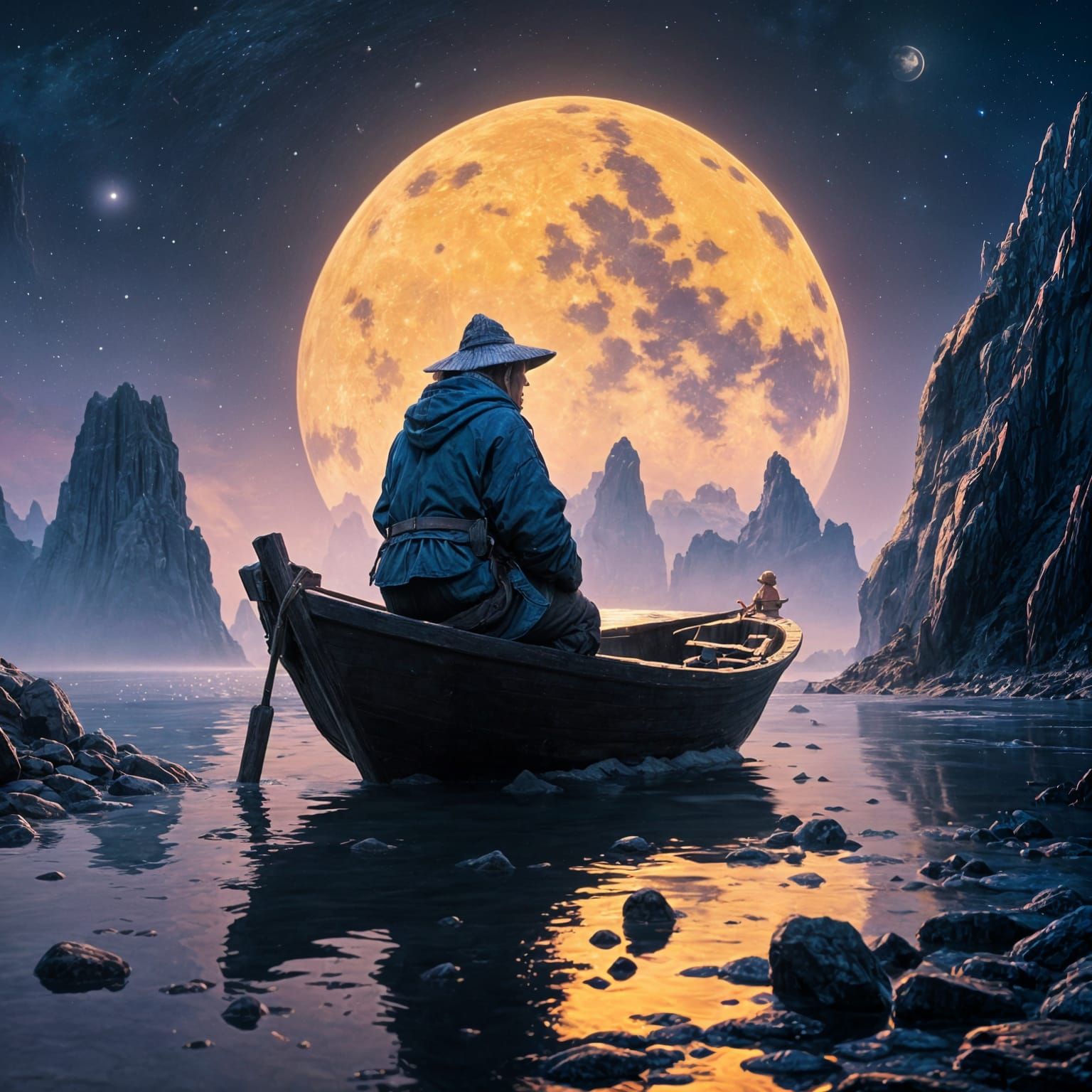 Violet Blue Caves at Sunset, Asian Man in Wooden Boat