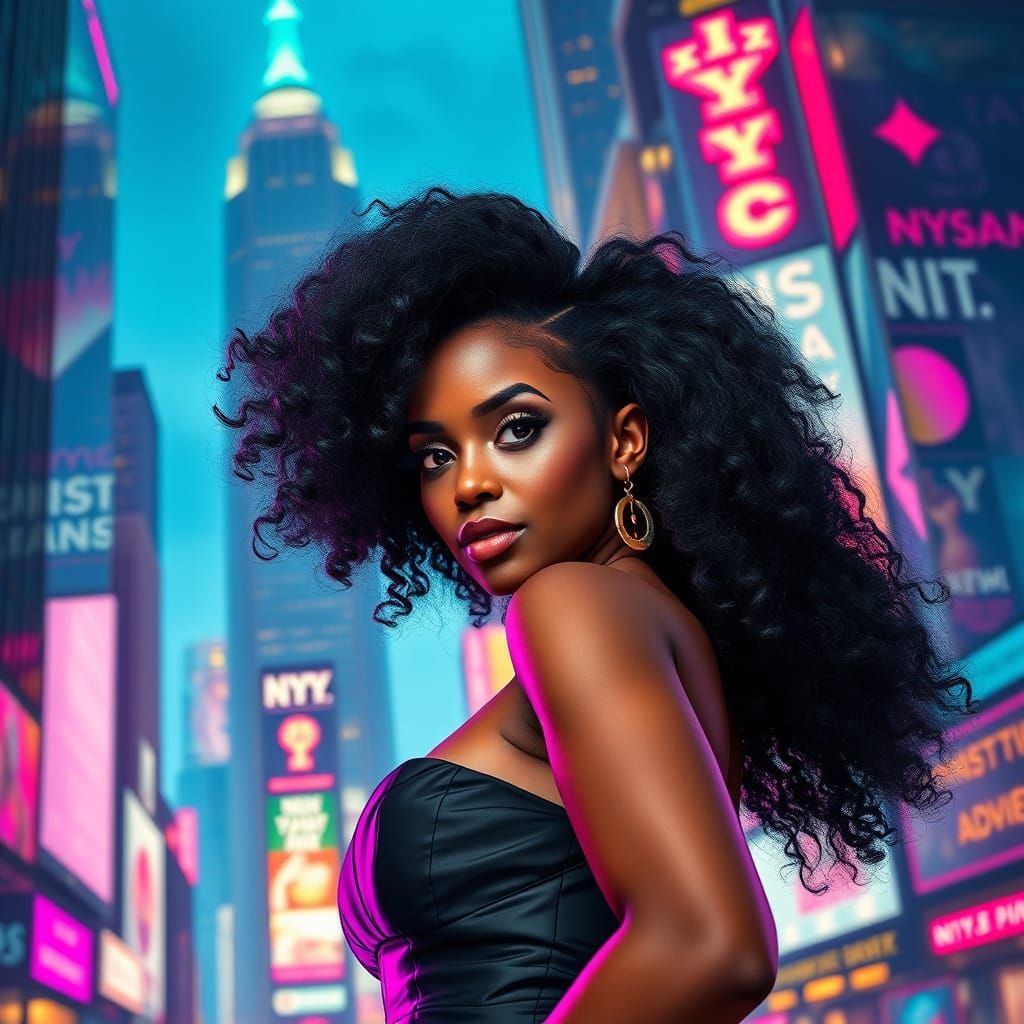 Futuristic Nigerian Woman in Vibrant Cityscape Portrait