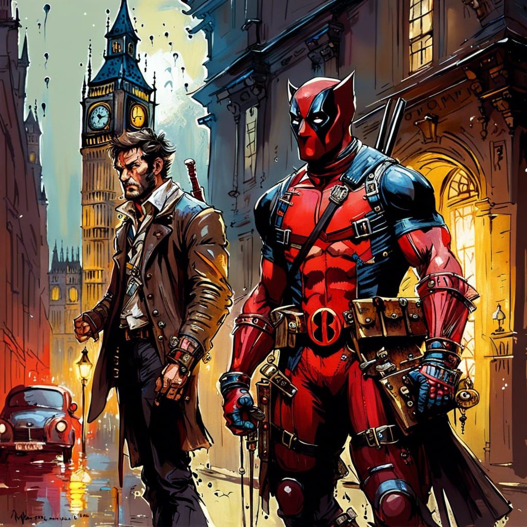 Deadpool and Wolverine on Victorian Street, Dark Fantasy