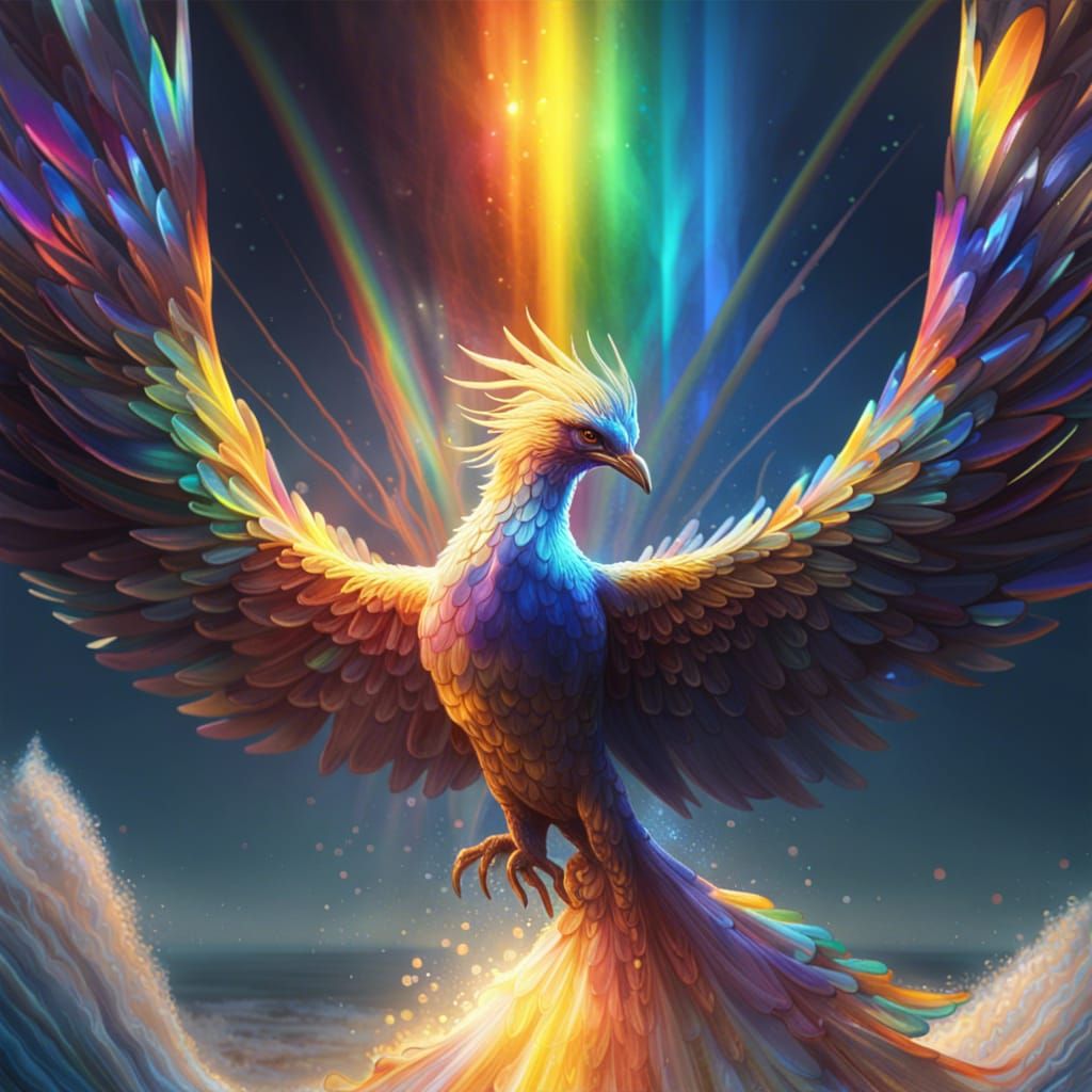 Iridescent Crystal Phoenix Flight Over Rainbow Ocean