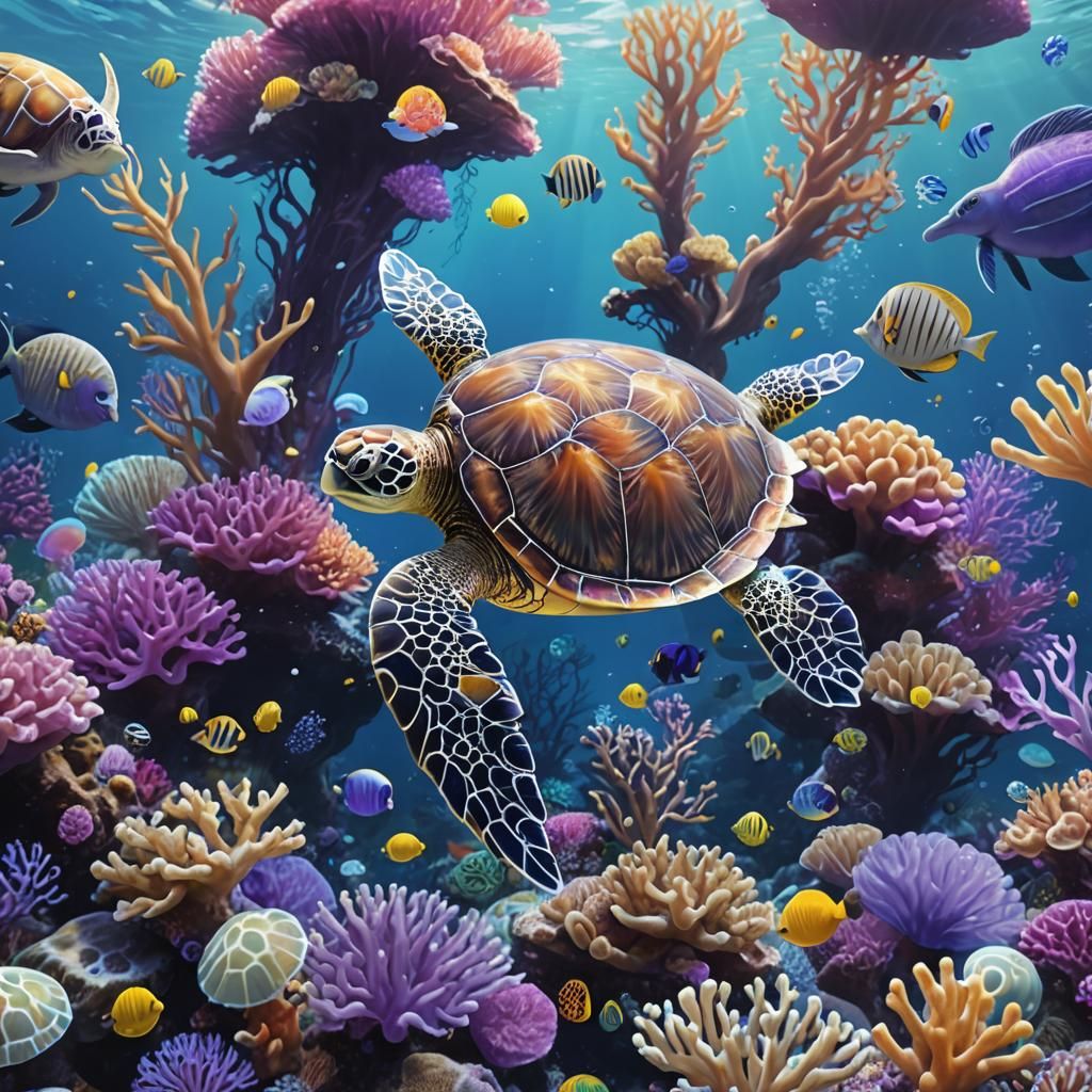 Underwater Sea Turtle Scene in Anime Style