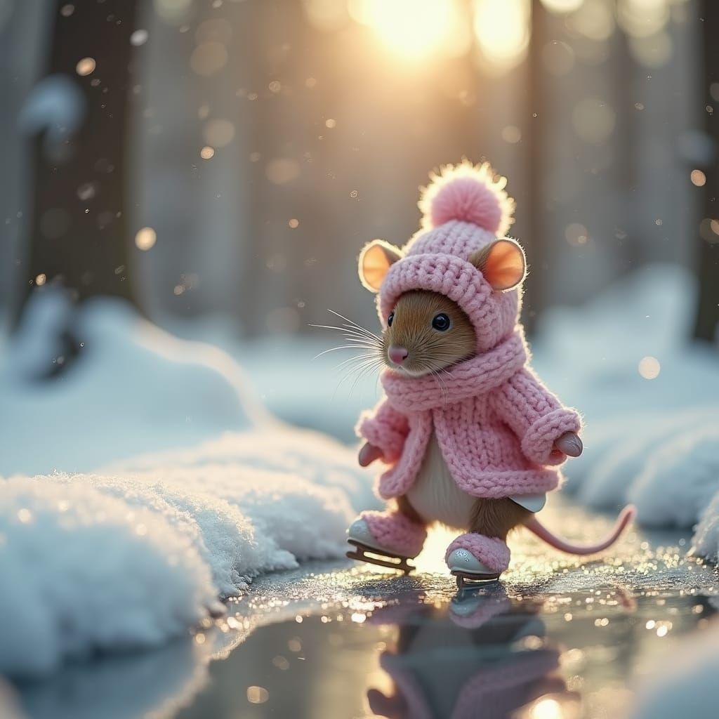 Whimsical Mouse on Ice Skates in Winter Wonderland