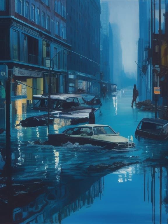Flooded City Streets After Storm: Oil Painting