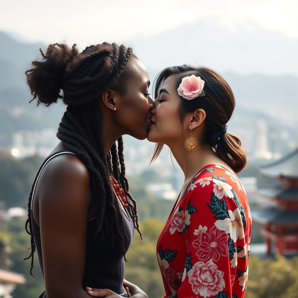 Photorealistic Kiss with Japanese Landscape Backdrop