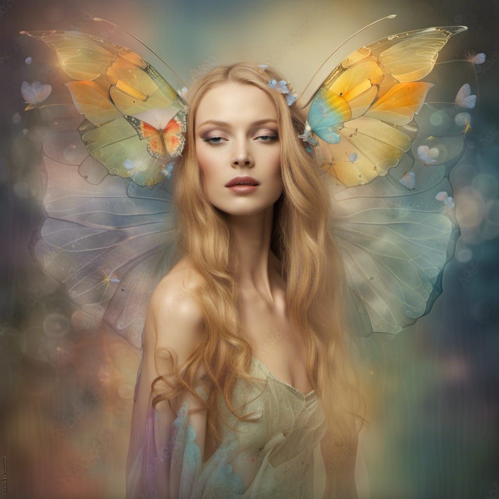 Fairy Supermodel with Butterfly Wings in Dreamscape
