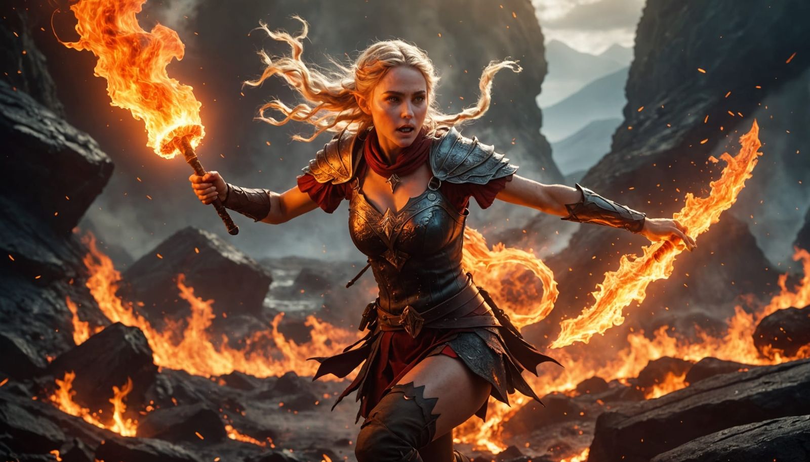 Ethereal Warrior Engages Fiery Foes in a Blazing Landscape