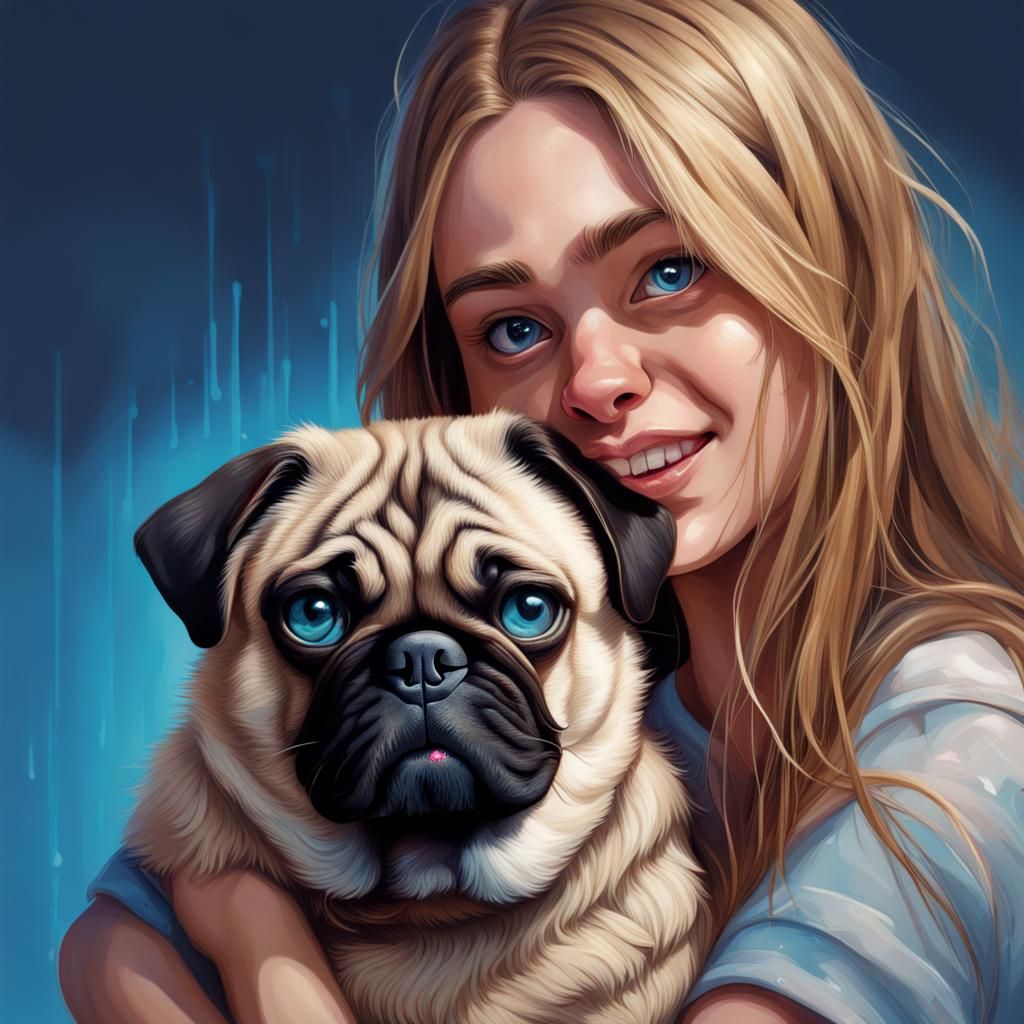 Hyperrealistic Girl with Pug Portrait