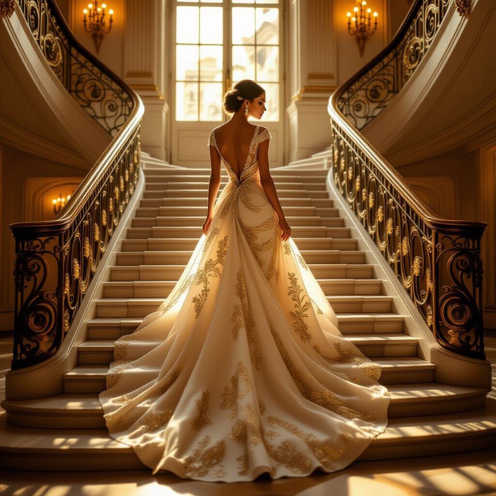 Elegant Woman Descends Grand Staircase in Parisian Ballroom