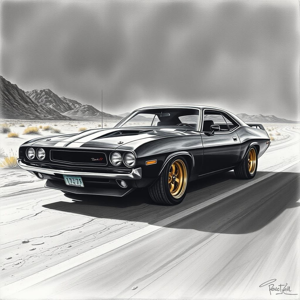 1970 Muscle Car with Gold Rims in Desert Landscape