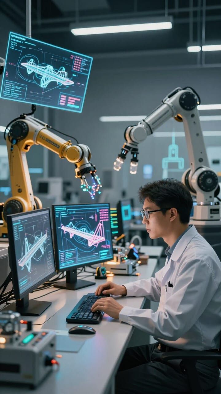 Futuristic Engineering Lab with AI and Holograms