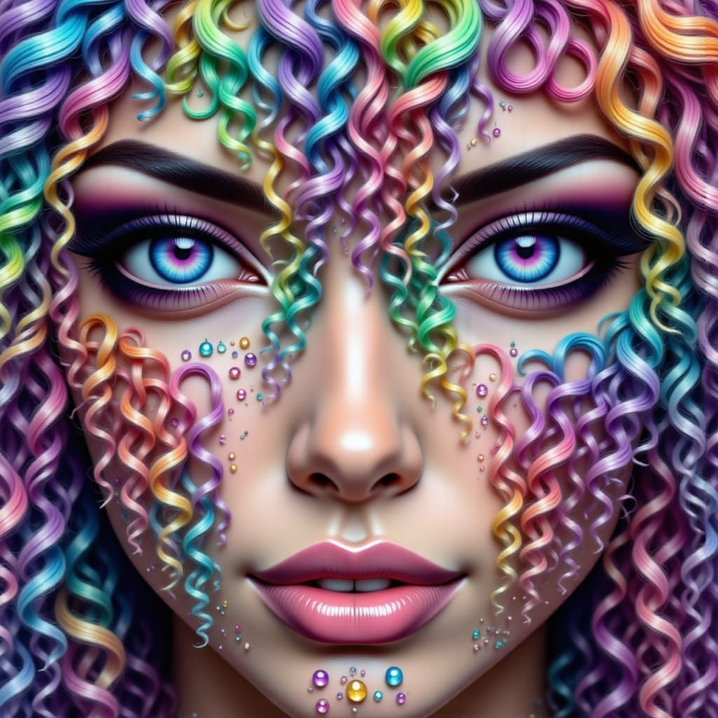 Glamorous Sorceress with Rainbow Hair and Starlight Gown