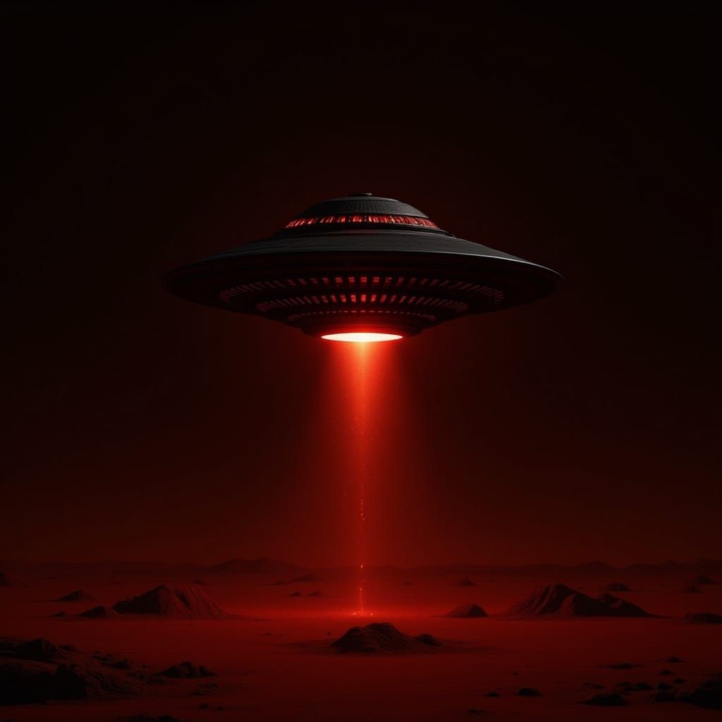 Menacing Black UFO with Red Lights Over Mars